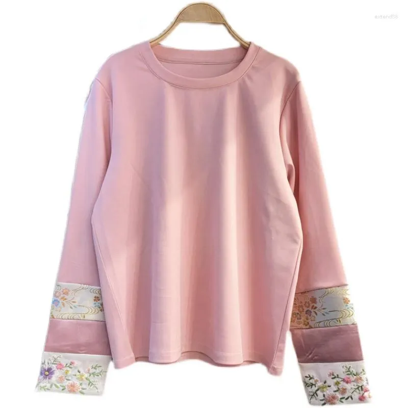 Sweat à capuche pour femmes, manches brodées de fleurs, sweat-shirt traditionnel chinois, col rond, pull en Patchwork Floral pour filles