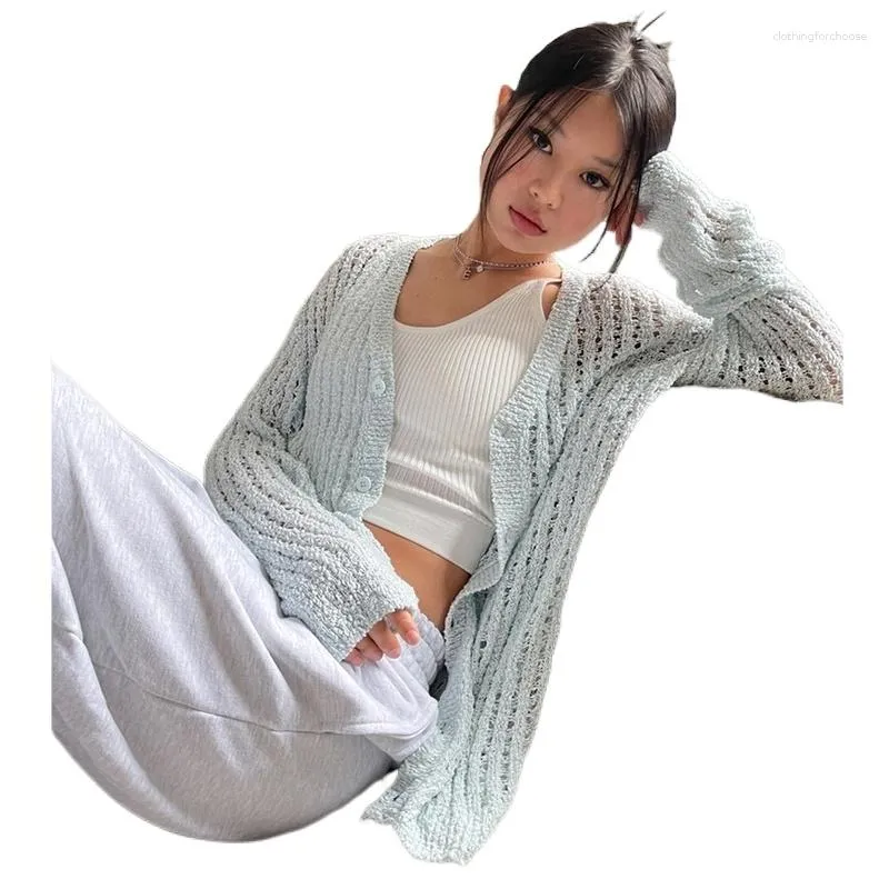 Women's Knits Light Blue V-Neck Long Sleeve Button Up Knitwear Sweater Coat Women Y2k Clothing Fall Autumn Knit Top Knitted Outfit Cardigan