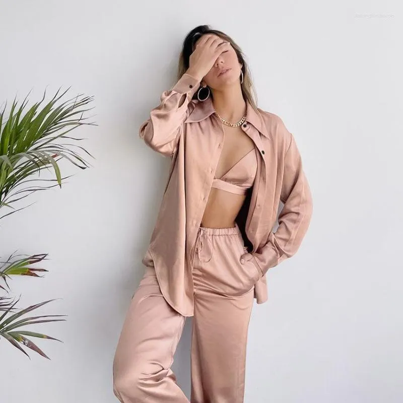 Dames nachtkleding Informeel Zomerpyjama's Voor dames 3-delige set Kraagvorm Lange mouw Top Lingerie BH Vrouwelijke sets met broek Effen