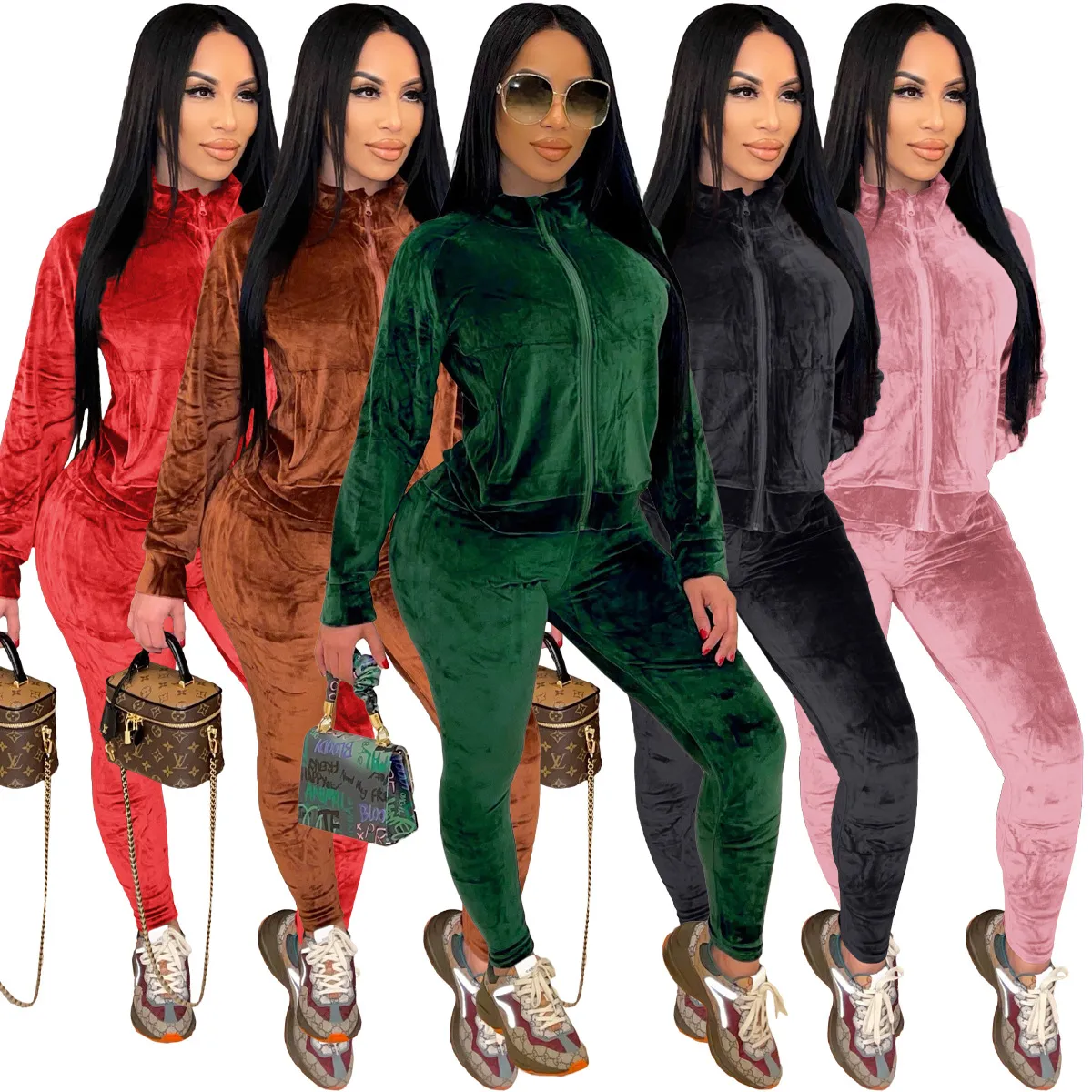 Velvet Two Piece Pants Tracksuits Women Casual Zip Jacket and Bottoms sätter gratis fartyg