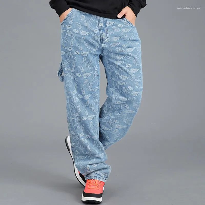 Jeans masculinos hip hop impressão bordado largo baggy perna reta calças jeans plus size calças de cowboy masculino