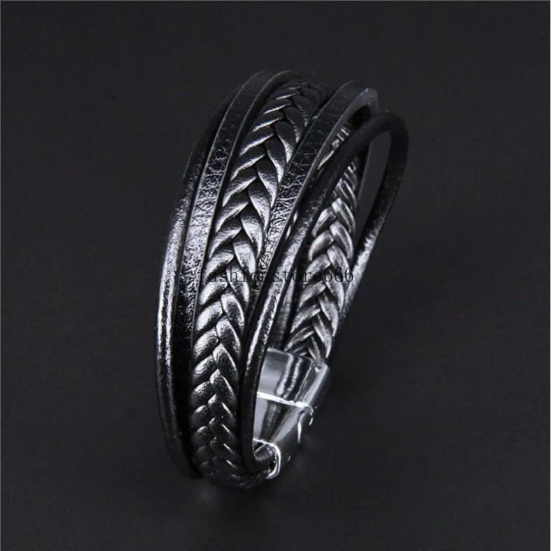 Matte Hand-Woven Leather Bracelet Multi-Layer Magnetic Vintage Bracelet For Men`s Daily Wearing