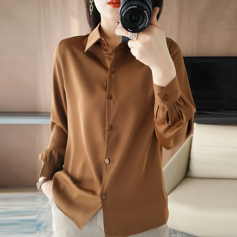 Women's Silk Blend Polo Cardigan: Lightweight Long Sleeve Lapel Shirt  Jacket Versatile Spring/Autumn Top, Elegant Comfortable