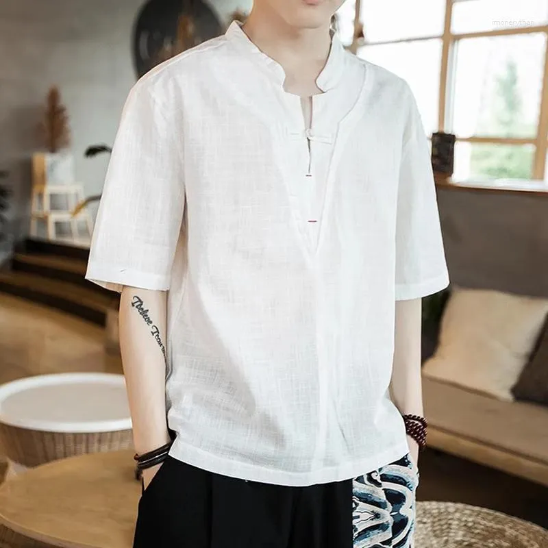 Men's T Shirts Men Cotton Linen Oversized Shirt Summer Chinese Style Short Sleeved V Neck Male Tees Tops Plus Size Breathable Retro Clothes