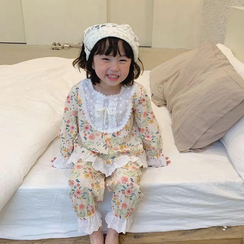 Pajamas Kid Sleepwear Girl Floral Pajama Set Vintage Spanish Style Toddler Embroidered Lace Pyjama Set Nightwear Children Clothing 11T 230906