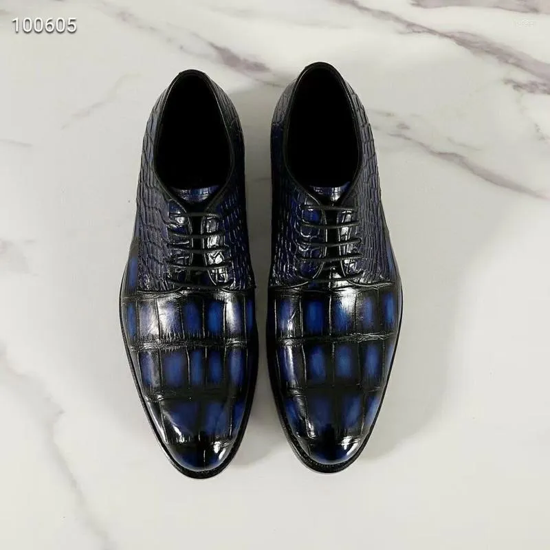 Chaussures habillées authentique peau de crocodile véritable Goodyear artisanat bleu foncé hommes véritable cuir d'alligator mâle à lacets fête Oxfords