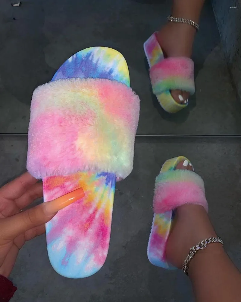 Slippare Factory Direct Sales Women's Shoes 2023 Autumn and Winter Tie-Dyed Candy Color Furry Cotton