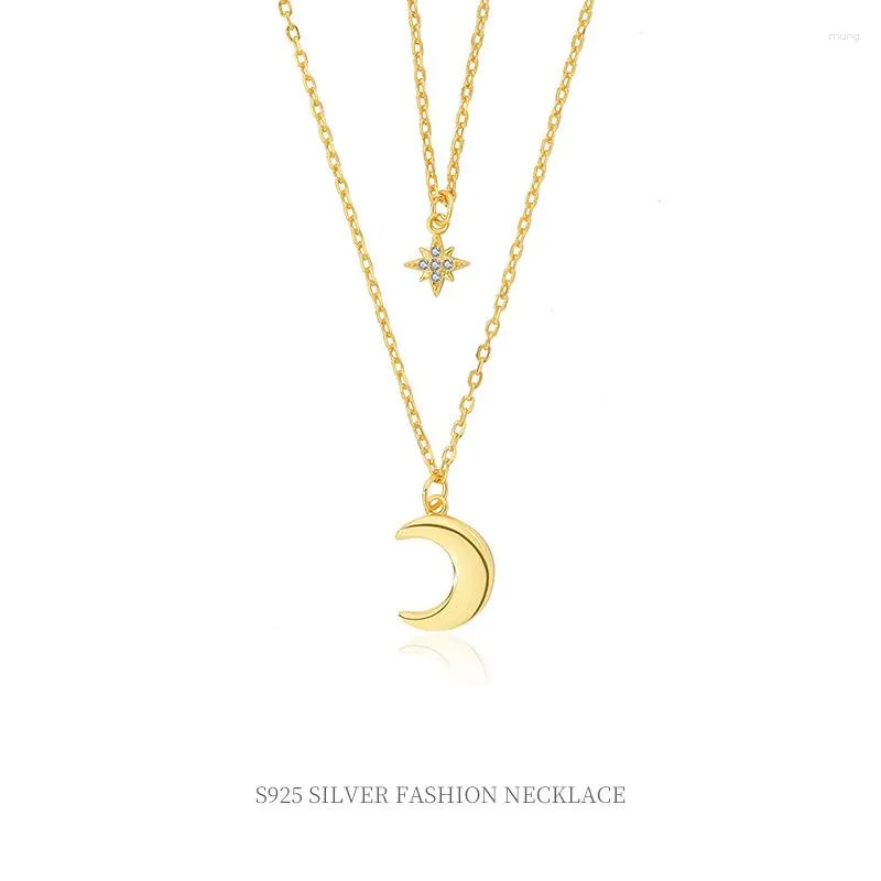 Catene Collana a forma di luna a doppio strato in argento sterling 925 per catena da donna con colletto in zirconi ottagonali piccoli