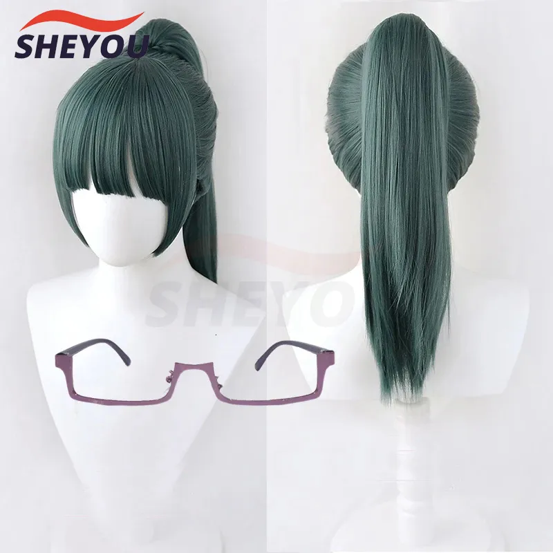 Cosplaypruiken Anime Jujutsu Kaisen Cosplay Maki Zenin Pruiken Donkergroen Paardenstaart Hittebestendig Synthetisch haar Cosplaypruik Pruikdop Bril 230906