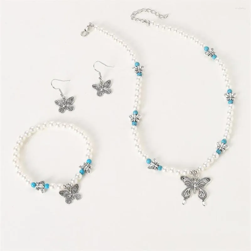 Halsband örhängen set 4st vintage fjäril pendell ljus lyxiga pärlarmband för kvinnor flickor turkos dekor charm smycken