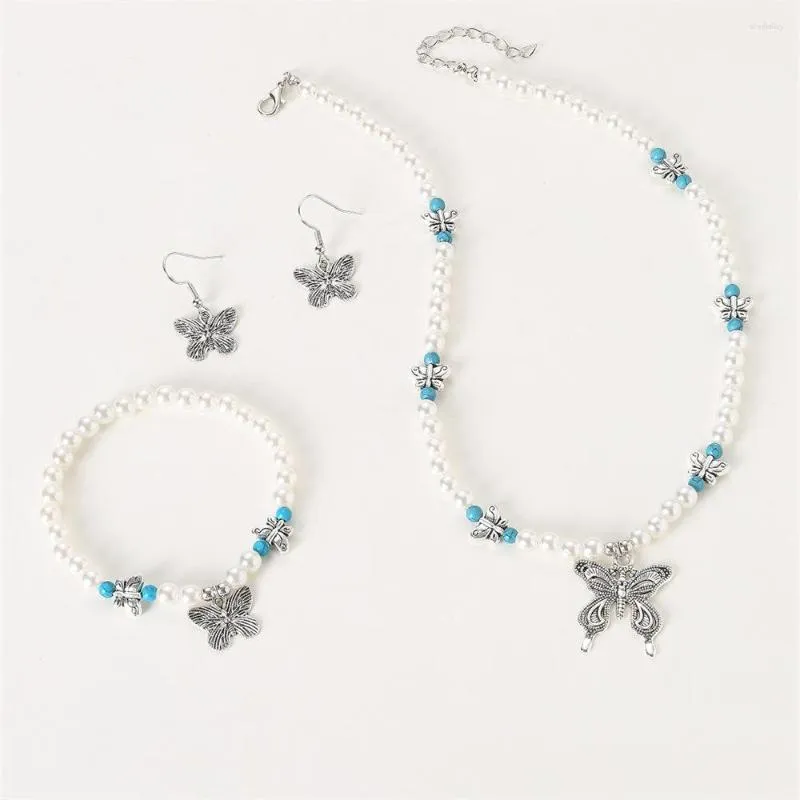 Ensemble de 4 colliers et boucles d'oreilles papillon Vintage, pendentif lumineux de luxe, Bracelet de perles pour femmes et filles, décor Turquoise, bijoux à breloques