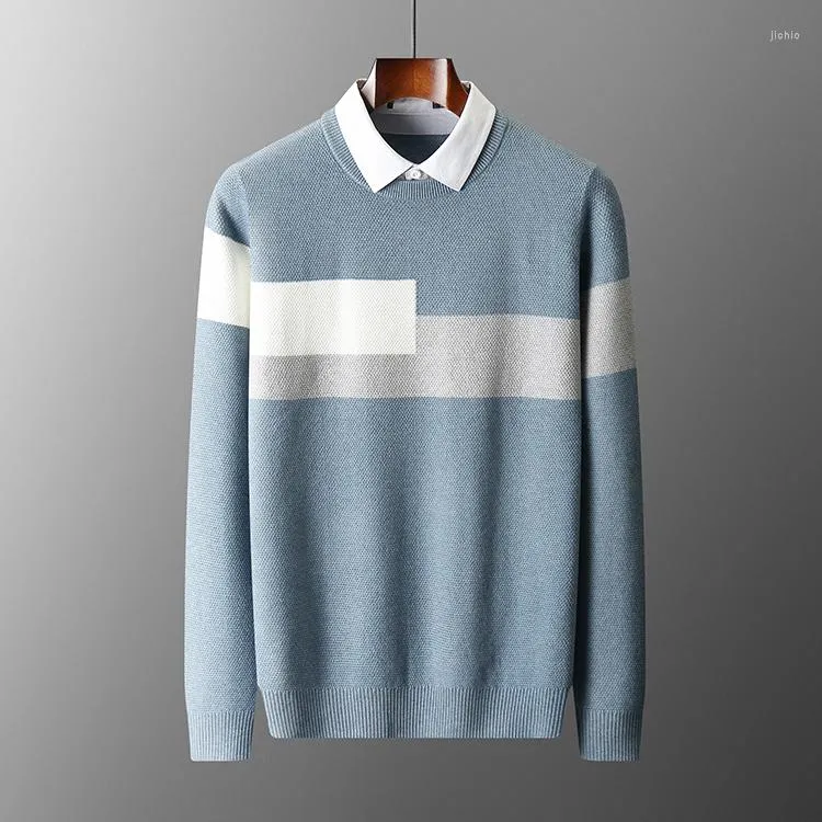 Herrtröjor Autumn Round Neck Knit Top Pullovers Preppy Style Color Matching Soft Smart Casual Sticked Thin Wool tröja Blue Z352