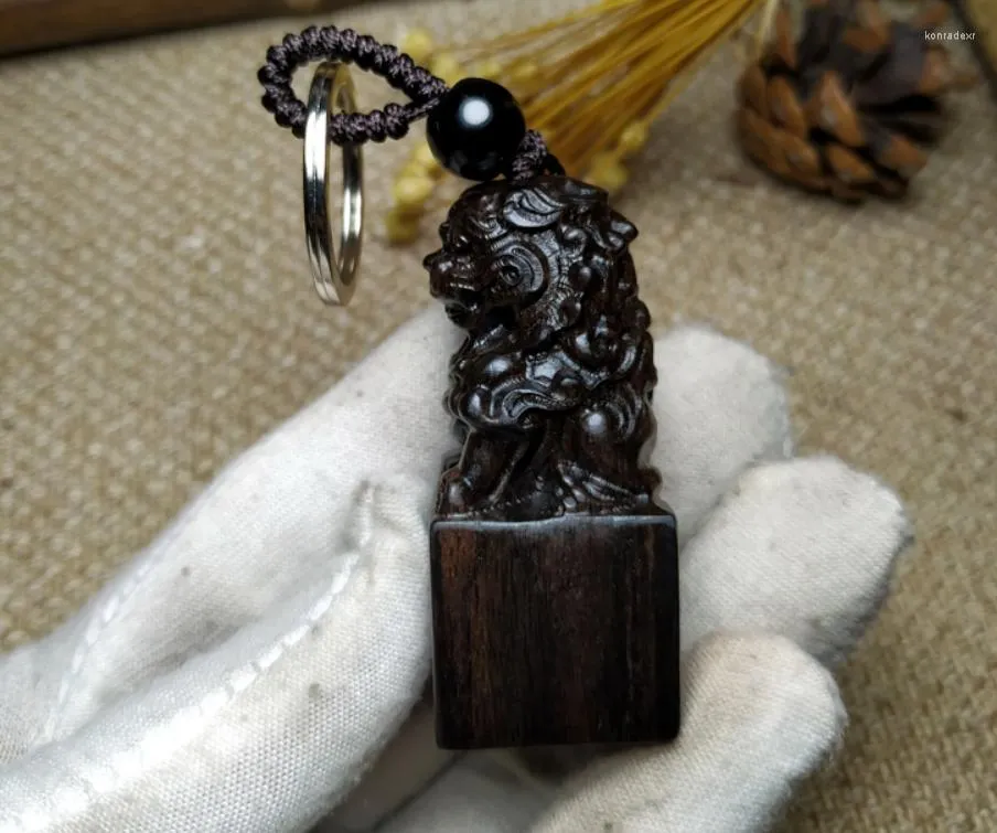 Keychains Ebony Carved Lion Pendant Wooden Keychain