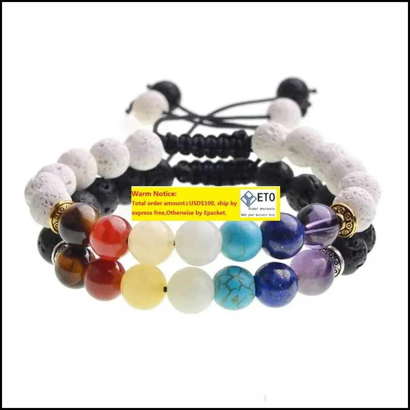 Beaded, Strands Bracelets Jewelry Mens Womens 8Mm Black And White Lava Rock 7 Chakra Aromatherapy Essential Oil Disperser Elastic LL