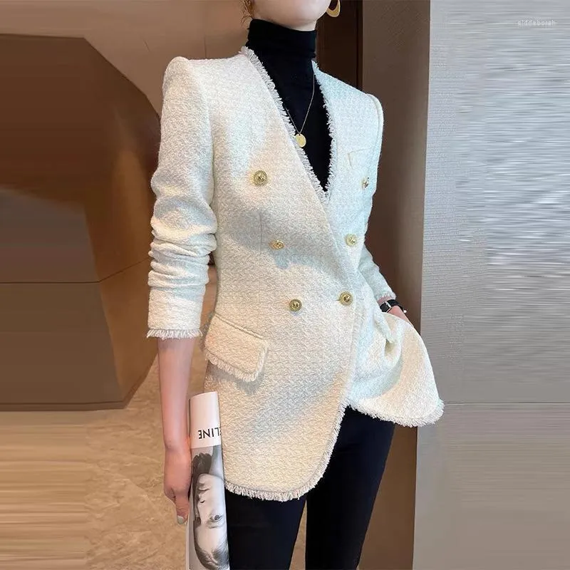 Kvinnorjackor Fashion Double Breasted Tweed Blazer Coat Women French Long Sleeve White Outwear Office Lady Elegant Tassel Patchwork Jacket