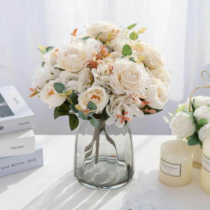 Decorative Flowers Artificial Vintage Silk Roses Hydrangea Peony Simulation Bouquet Bridal Handheld Wedding Home Decor