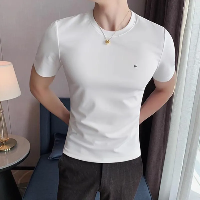 Мужские футболки в британском стиле, хлопок, ледяной шелк, круглый вырез, с короткими рукавами, приталенные повседневные топы, футболки, летняя однотонная футболка Homme 4XL