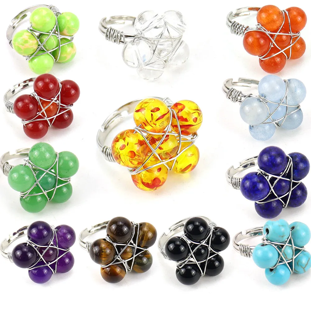 Natural Stone Cluster Beaded flower Rings For Women Men chakra Handmade Wedding Party Finger Ring