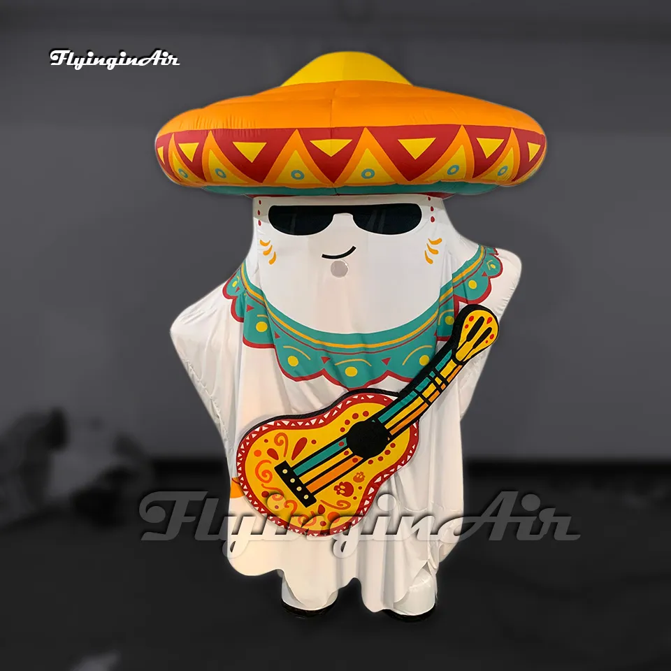 Funny White Halloween Parade Performance Walking Inflatable Ghost Band Costume Wearable Blow Up Ghost Guitar Suit For Carnival Show