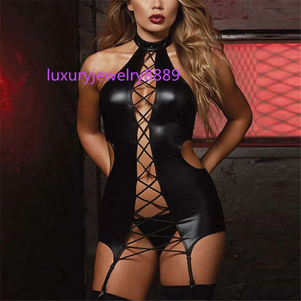 Costumes sexuels grande taille 3XL/5XL pour femmes, Lingerie érotique en cuir noir, sous-vêtements Sexy, porno Teddy Babydoll, robe érotique
