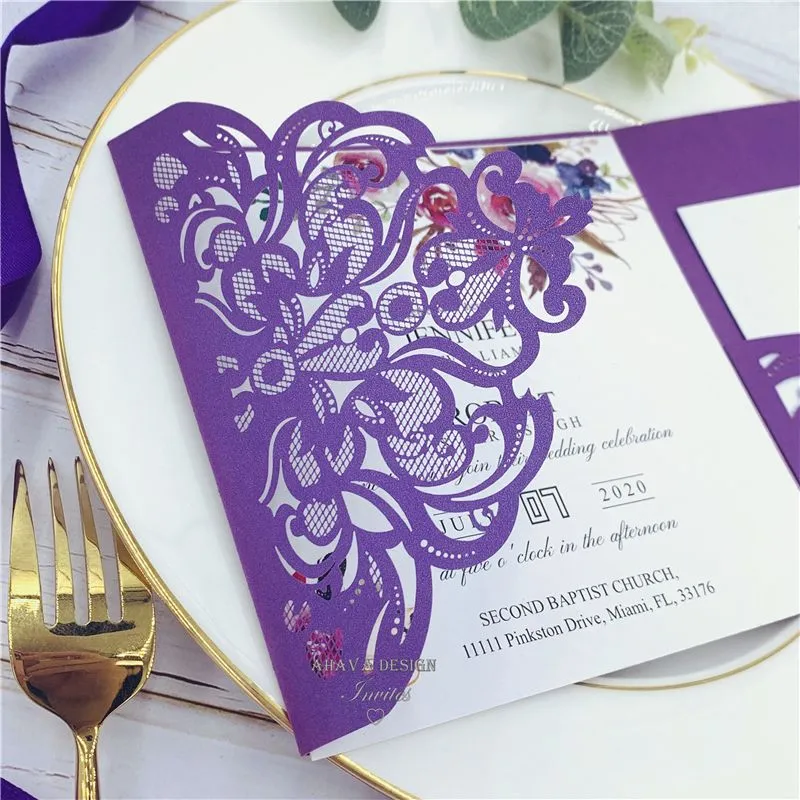 Classic Fall Magenta Shades Of Purple Floral Pocket Laser Cut Wedding Invitations With Envelope, Free Shipped by UPS