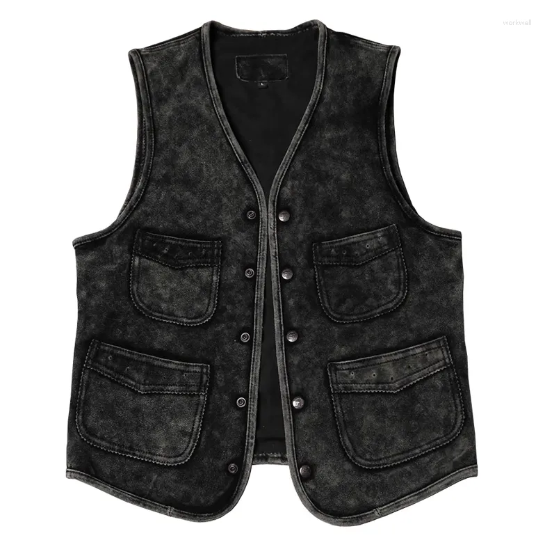 Herenvesten Westers vintage leren vest Koeienhuid Echte mouwloze jassen Zwart casual bikervest