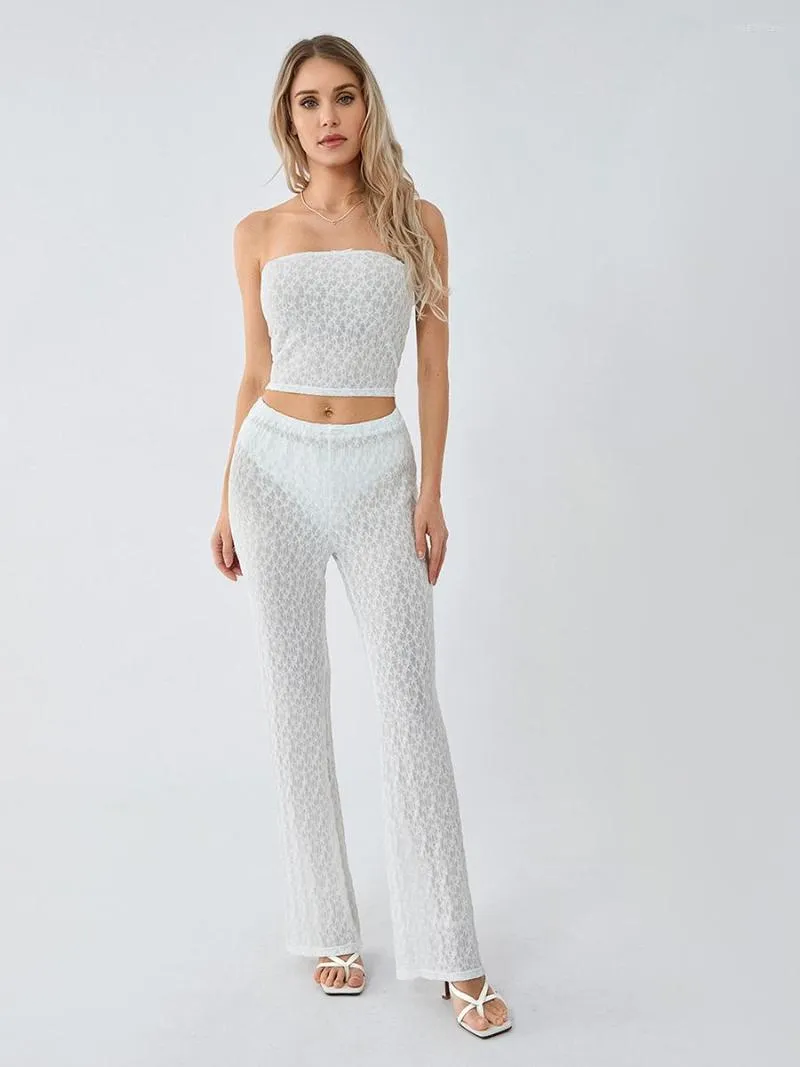 Active Set Women Mesh Sheer 2 Piece Outfits See Through Lace Crop Top BodyCon Long Pants Set Y2K Suits Summer For Yoga