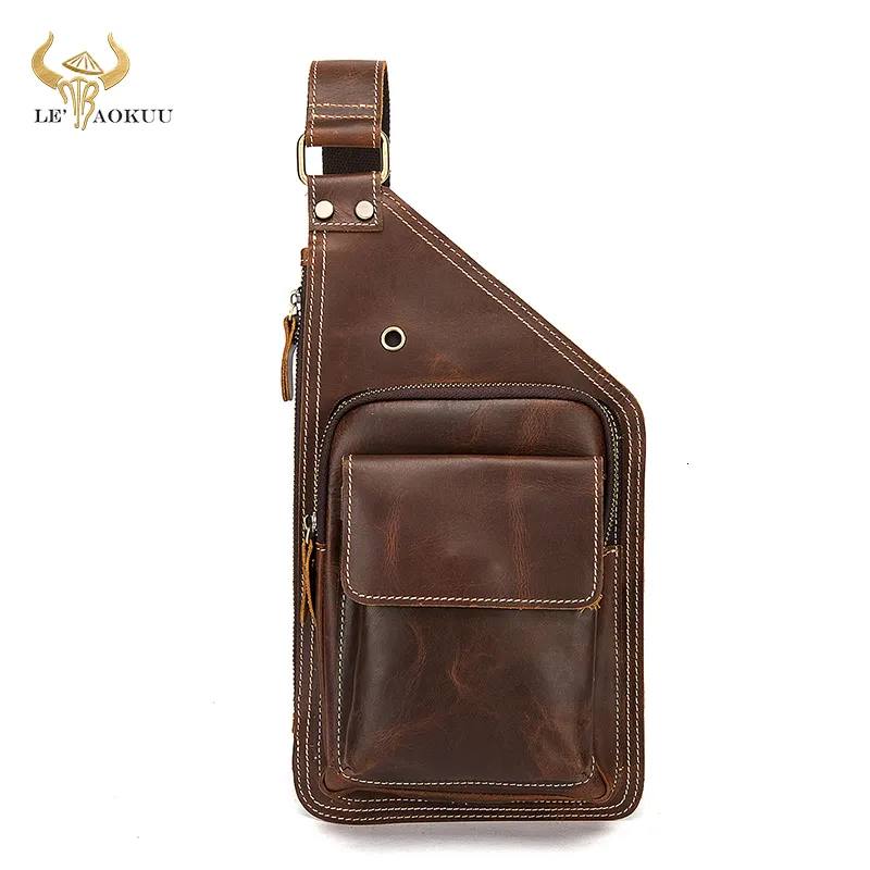 Waist Bags Thick Real Leather Men Unique Travel Triangle Chest Sling Bag Design 8" Tablet One Shoulder Strap Daypack For Male 1318 230905