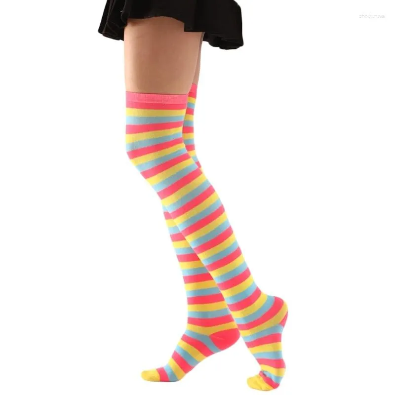 Chaussettes au-dessus du genou pour femmes, bas de cuisse Cosplay, bottes longues à rayures colorées