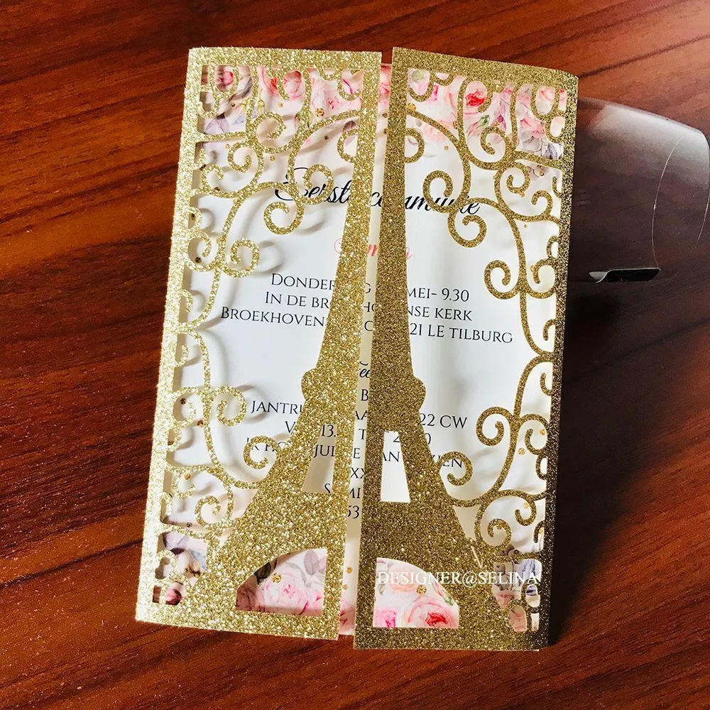 2020 Gold Glitter Eiffel Tower Paris Laser Cut Wedding Invitations with Ribbon Editable Quinceanera Invitation Laser Cut Sweet 16 Invites