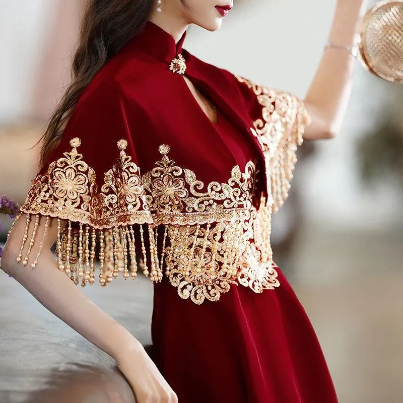 Abbigliamento etnico Vino rosso Scialle con nappe Qipao Set 2 pezzi Abito da sposa cinese Banchetto da sera Donna Moderno Migliora il retro Cheongsam sottile