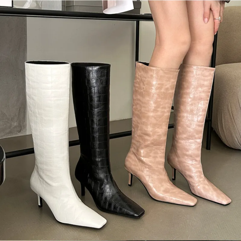 Boots vinter knä kvinnor tunn klack sexig hög kort ärm kvinnors blixtlås elegant riddare svart lår 230905