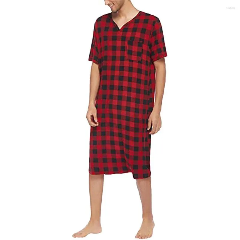 Mäns Sleepwear Mens Lattice Short Sleeve V Halning Nightgown Nightwear Plaid Tryckt Skjorta Nightshirt Casual Loose Home Wear