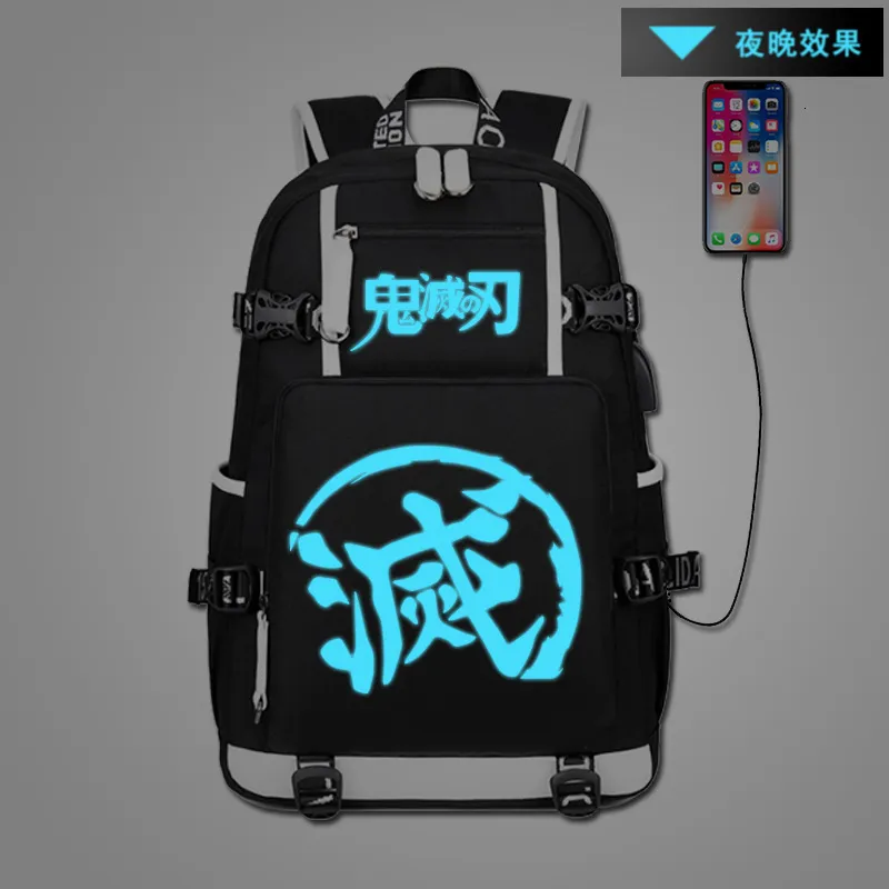 Plecaki anime Demon Slayer Luminous Backpack Student School Torba ramię młodzież na zewnątrz Travel plecak z danymi kablowymi prezentami mody 230905