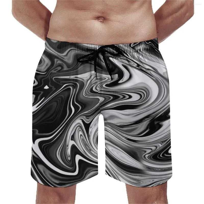 Men's Shorts Elegant Marble Gym Summer Liquid Black And White Stripe Casual Beach Surfing Fast Dry Printed Swim Trunks