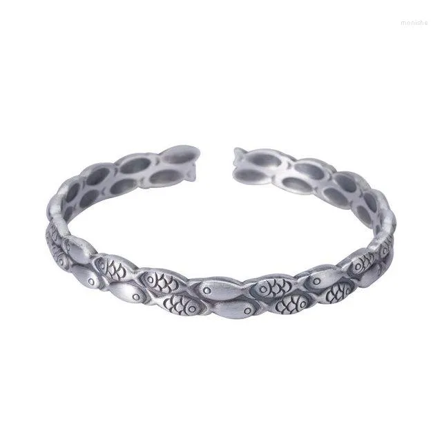 Bracciale rigido S999 Bracciale temperamento aperto da donna in argento puro / argento sterling retrò opaco Pisces Fish