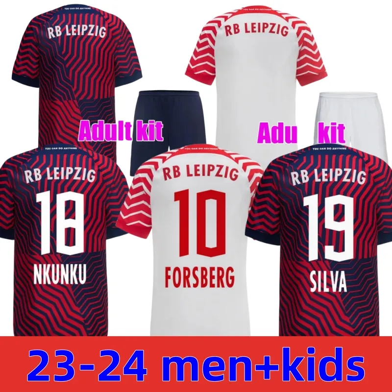 Kit adulte 23 24 Jerseys de football Nkunku Silva Haidara Olmo Szoboszlai Laimer Adams 2023 2024 Forsberg Poulsen Klostermann Accueil Fans Chemises de football