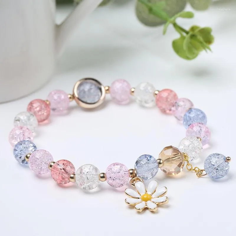 Link Armbänder Nette Süße Kristall Perlen Anhänger Armband Für Frauen Charme Rosa Gänseblümchen Blume Armreif Temperament Schmuck Zubehör Mädchen