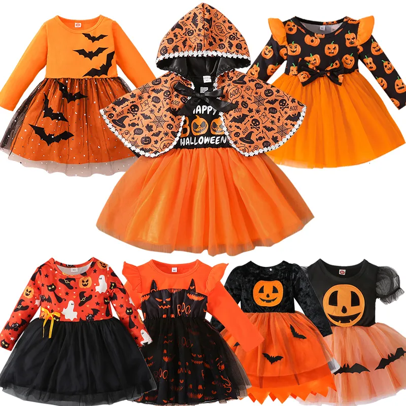 Cosplay Halloween Infantile Filles Citrouille Costume Enfants Tutu Robe Bébé Fille À Manches Longues Maille Robes De Fête Vêtements Pour Enfants 230906