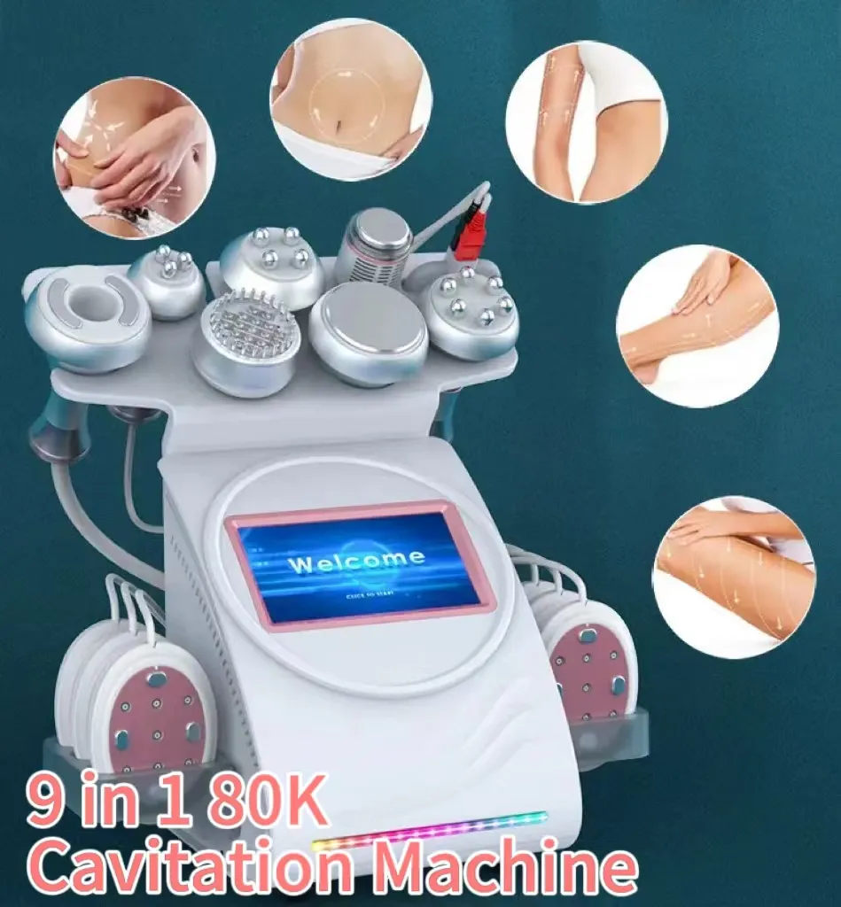 Vakuumkavitationsmaschine 9 in 1 System Fettabbau RF 80k Therapie Kavitation Körperschlankheitsmuskeltrainer Maschine mit Laserpads