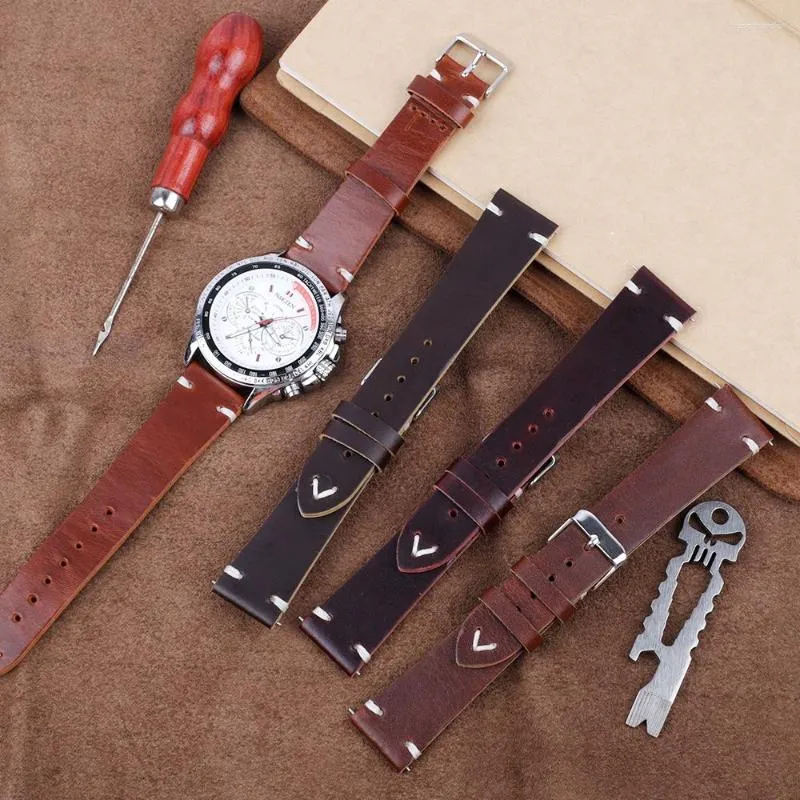 Assista Bandas Vintage Couro Straps Pulseira 22mm Handmade Oil Wax Genuine Leather Watchbands Quick Release Strap Belt