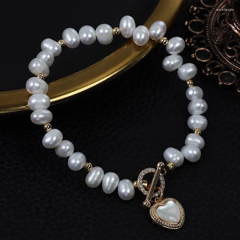 Braccialetti di perle d'acqua dolce naturali di moda filo per le donne Ciondolo in pietra a cuore Chiusura a levetta Matrimonio barocco irregolare