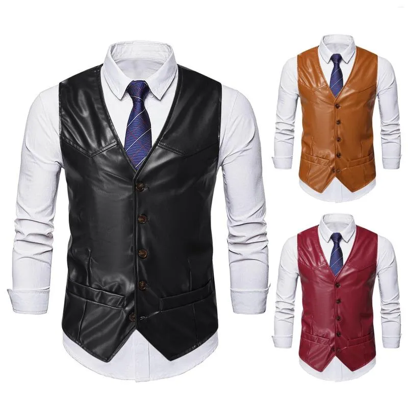 Men's Vests 2023 Autumn Korean Style Unique Single Breasted PU Leather Vest Men Casual Loose Retro Solid Color Waistcoat For M-5XL