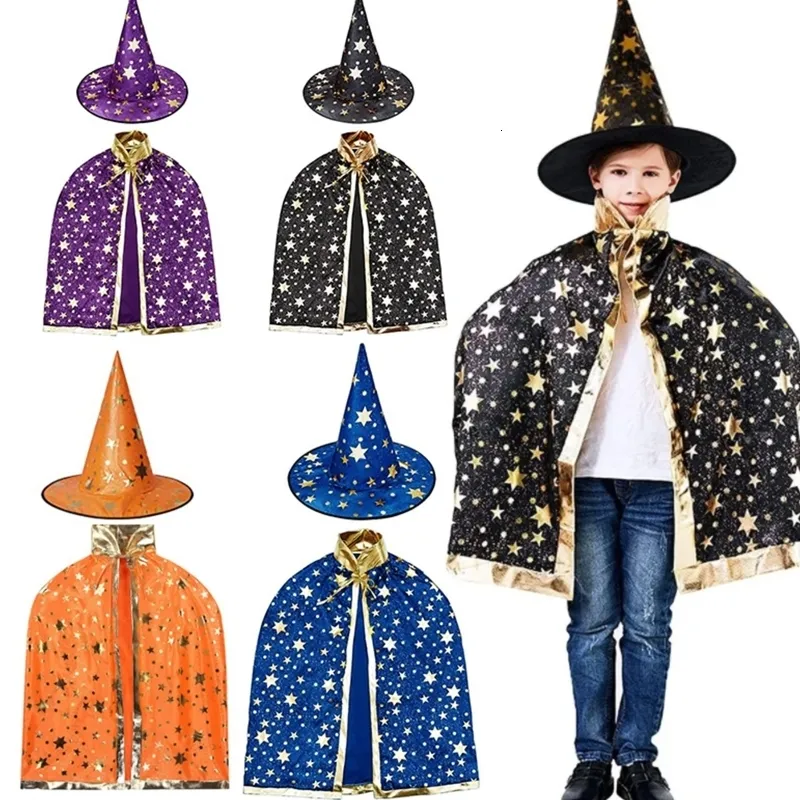 Cosplay 2pcs Kids Children Halloween Witch HatsCape Masquerade Wizard Hat Cosplay Costume Halloween Party Fancy Dress Decor 230906