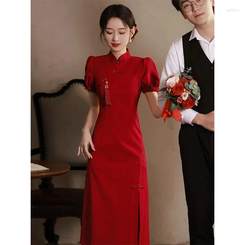 エスニック服Yourqipao改善Cheongsam 2023 Red Chinese Wedding Toast Dresses女性ブライダルエンゲージメントイブニングドレスQIPAO HANFU PROM