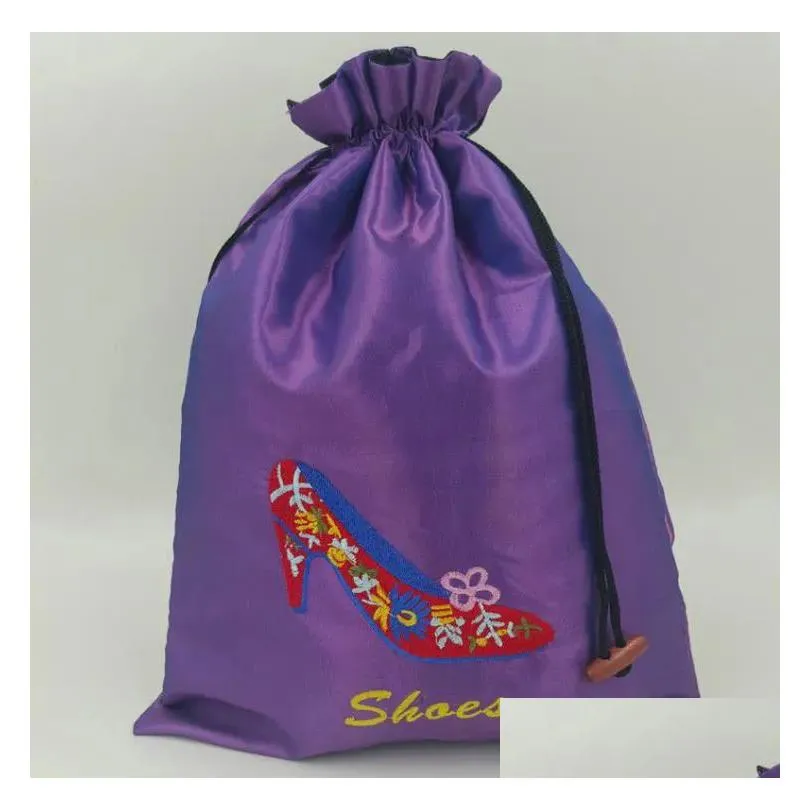 Storage Bags Big Embroidery High Heels Shoe Pouch For Travel Bag Portable Chinese Silk Dstring Women-Shoe Dust-Bags With Lined Drop De Dhd4Z