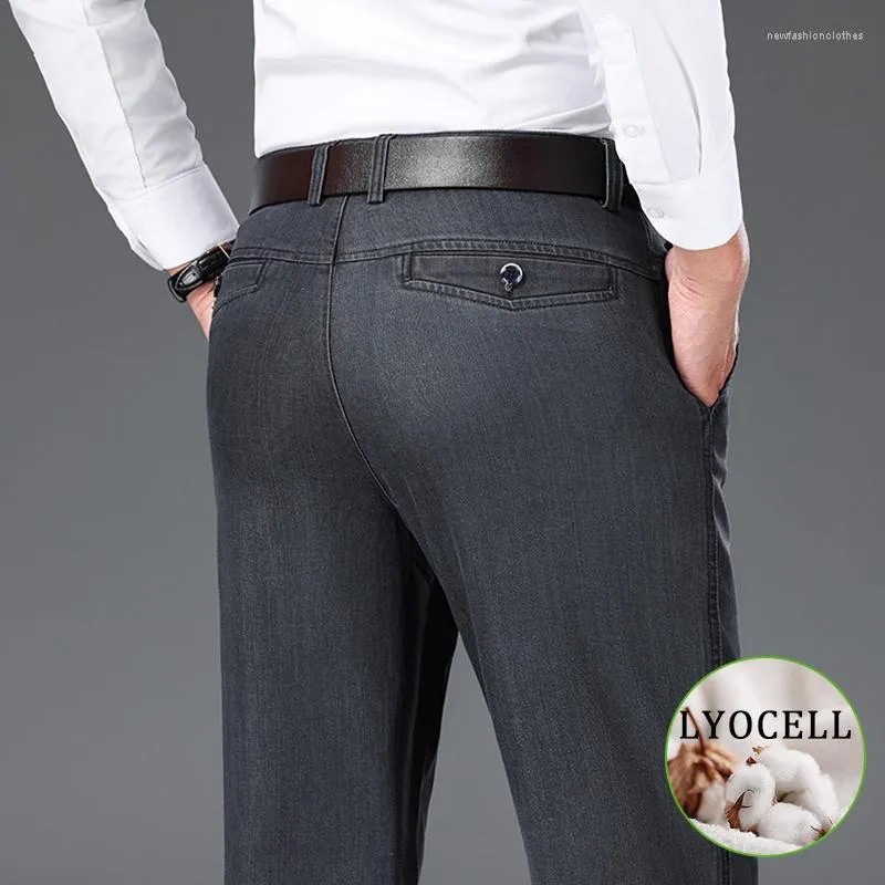 Mäns jeans lyocell stretch bomull Löst rak affär casual classic stil baggy denim pants manliga klädbyxor