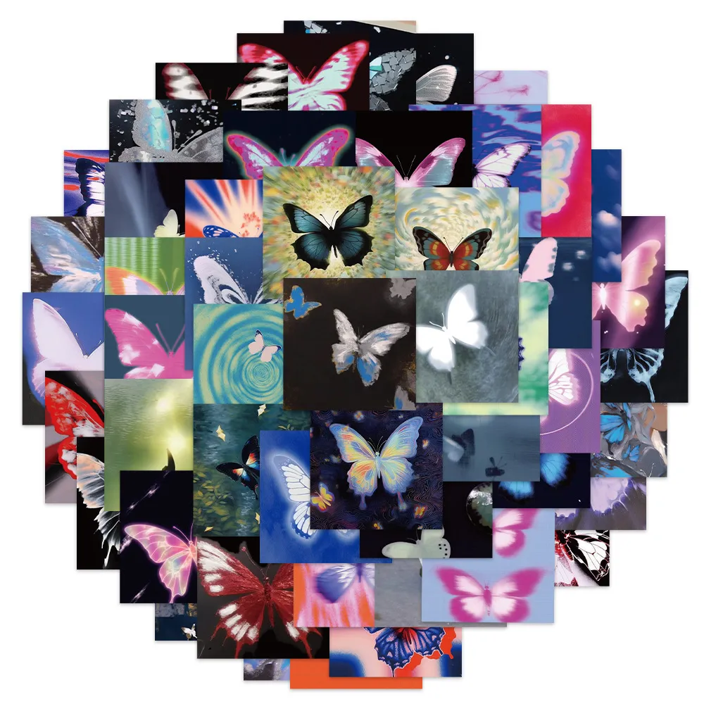 50pcs pack preskedelic butterfly ملصقات فينيل مقاوم للماء لأمتعة زجاجة ماء زجاجة كمبيوتر محمول مخطط Scrapbooking هاتف Mac Door Wall