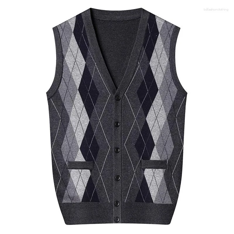 Men's Vests Top Grade 6.5% Wool Men Smart Casual Classic Sweater Vest Autumn Winter Warm V-Neck Fashion Argyle Sleeveless Knit