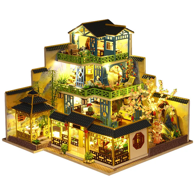 Poppenhuisaccessoires Diy Houten Poppenhuizen Miniatuur Bouwpakket Chinese Architectuur Poppenhuis Met Meubilair Villa Speelgoed Voor Volwassenen Verjaardagscadeaus 230905